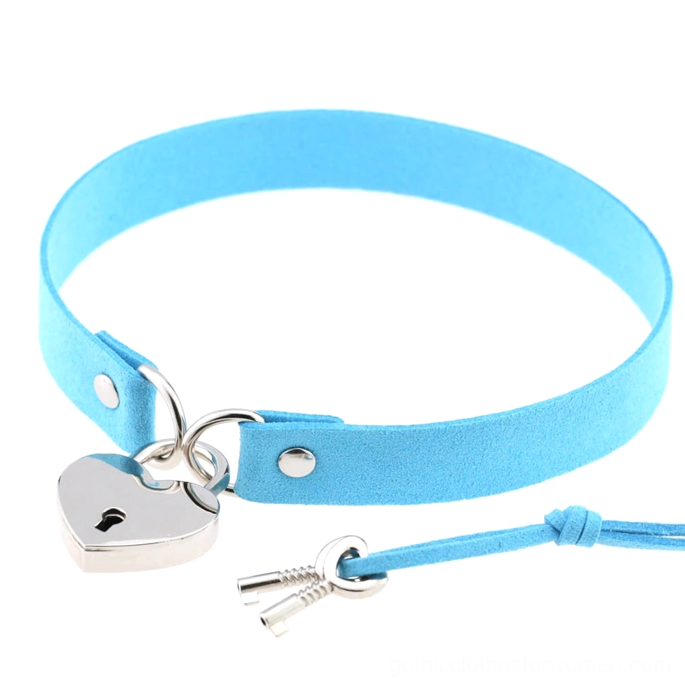 Light blue suede choker collar with silver heart lock - steampunk aesthetic jewelry piece