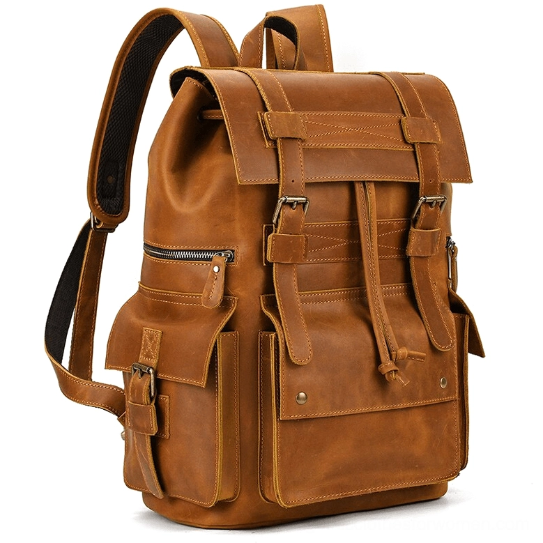 Light brown crazy horse leather gothic travel backpack with flap buckle closure