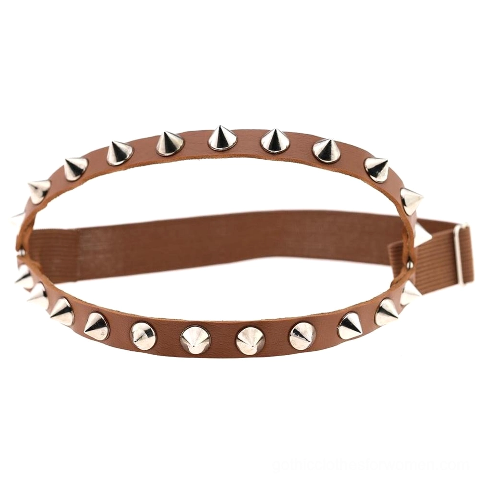 Light brown khaki elastic leather leg garter with silver metal cones and rivets adjustable buckle gothic accessory