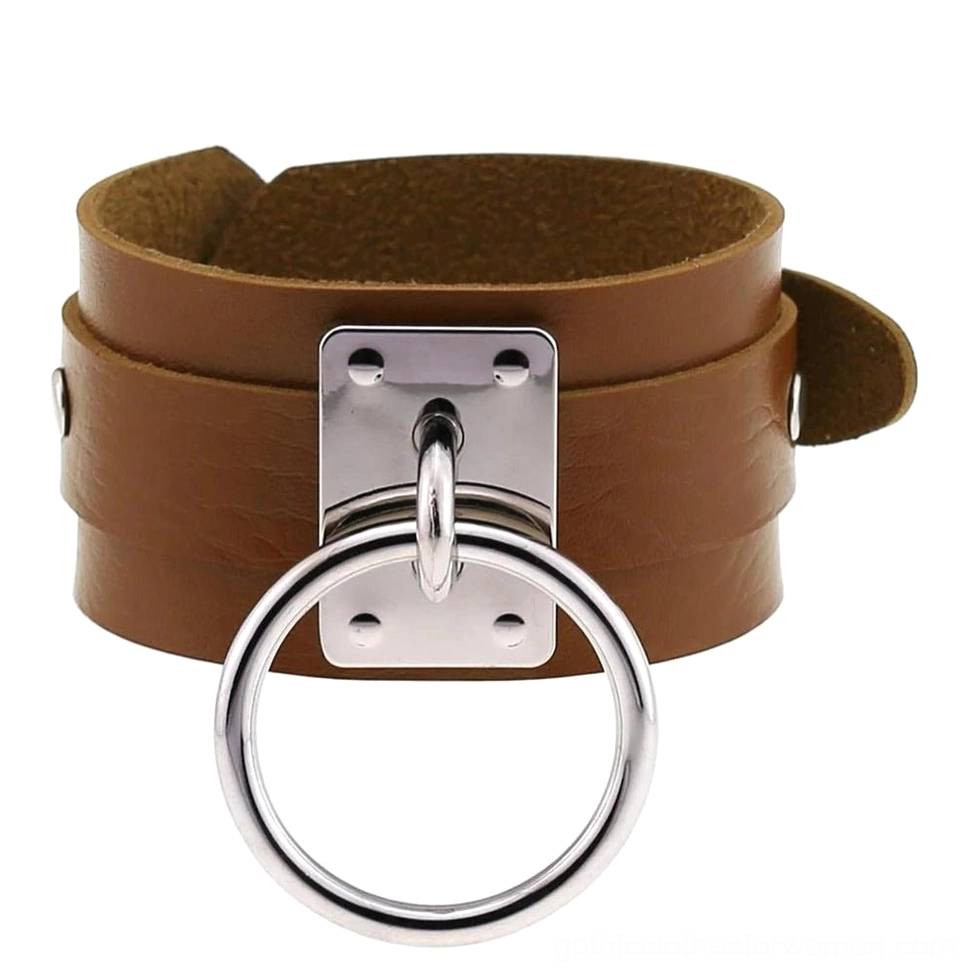 Light brown tan leather gothic cuff bracelet with reinforced double-layer construction and metal ring decor