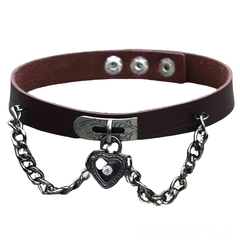 Light coffee brown PU leather gothic choker necklace with heart-shaped lock pendant and silver chain