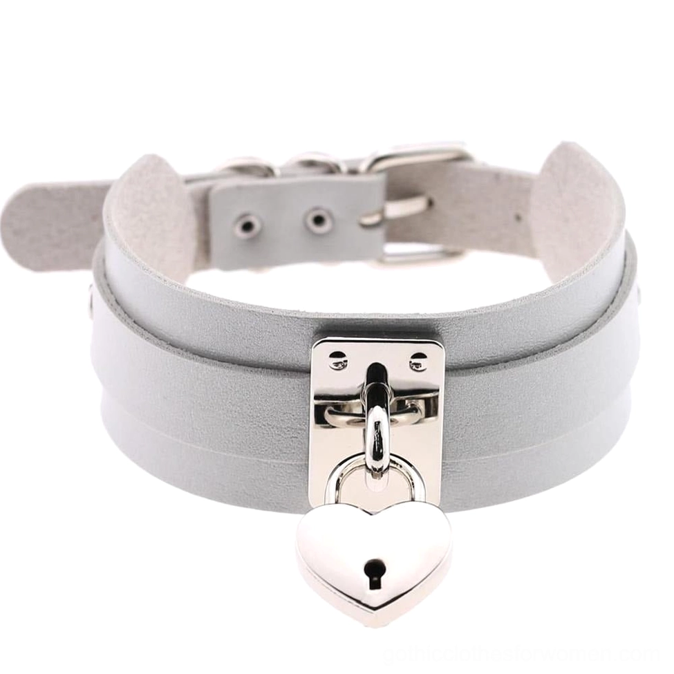 Light gray gothic leather heart lock choker with silver hardware - neutral goth option