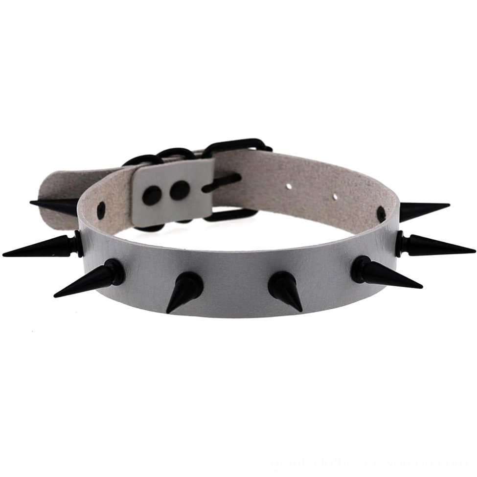 Light gray faux leather spiked choker collar with black spikes and silver metal buckle hardware
