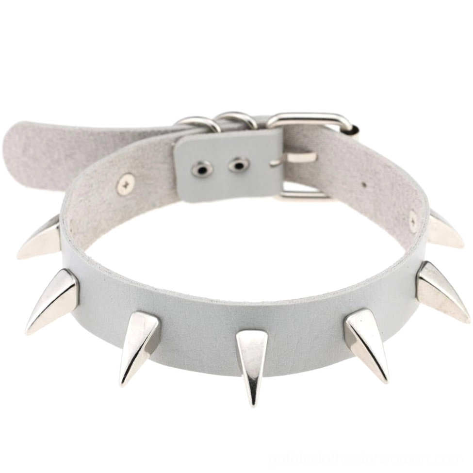 Light gray spiked leather gothic choker necklace with soft leather texture and silver cone rivets