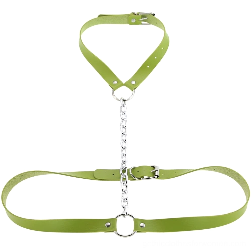 Light green faux leather body harness with metal buckles and chain details, gothic accessory