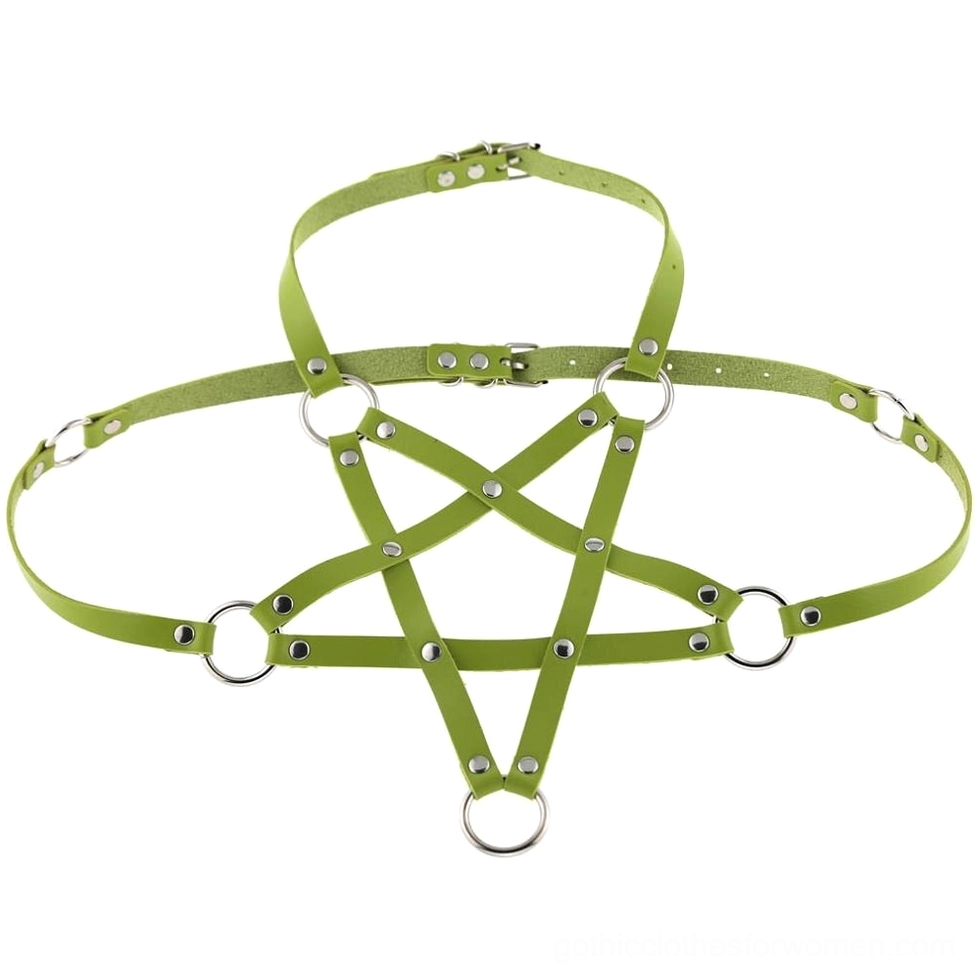 Light green PU leather pentagram harness flat display featuring geometric five-point star strap design with metal rings