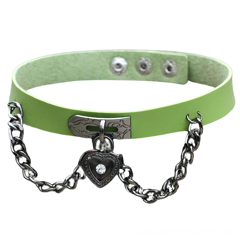 Light green PU leather gothic choker necklace with heart-shaped lock pendant and silver chain - flat lay