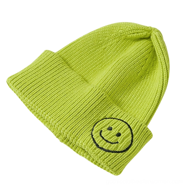 Light green smiley face embroidered knit beanie, soft gothic winter hat with embroidered design