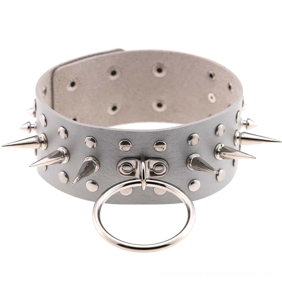 Light grey spiked leather choker necklace top-down flat lay showing inner adjustment holes and construction
