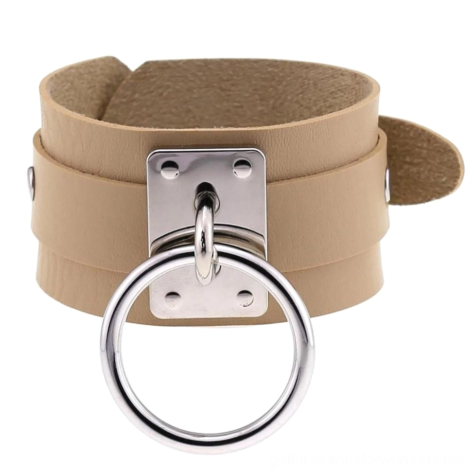 Light khaki nude leather gothic wrist bracelet with reinforced strap and metal accents