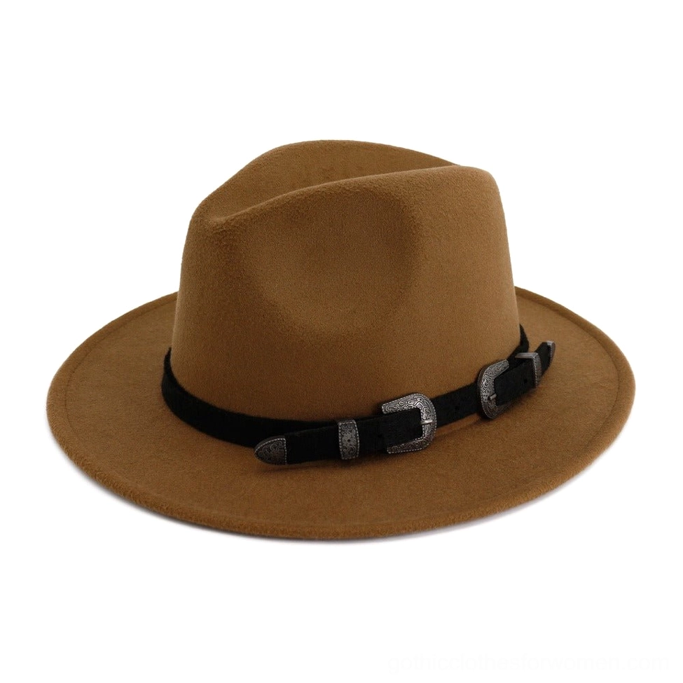 Light tan brown vintage fedora with warm camel color, dual metal buckle leather band and felt