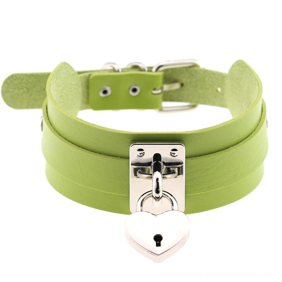 Lime green gothic leather heart lock choker necklace with silver metal lock - bold color variant