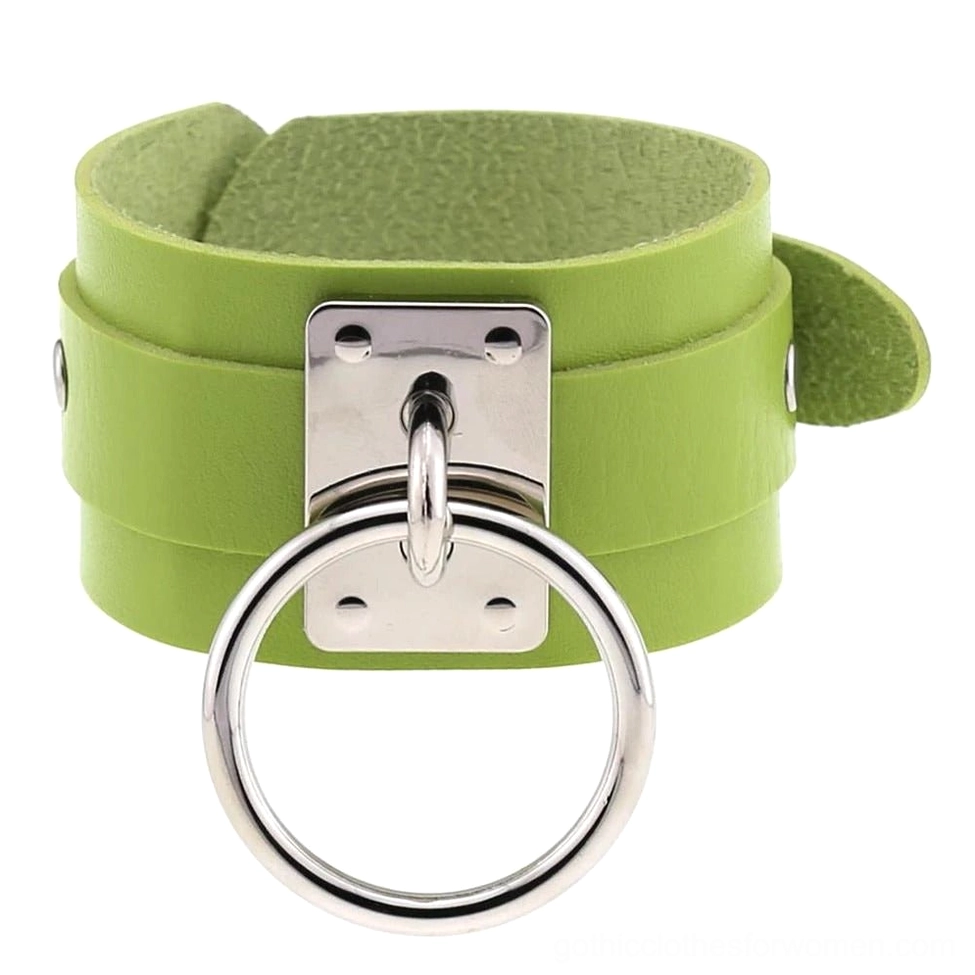 Lime green leather gothic wrist bracelet with double-layer design and metal ring embellishment