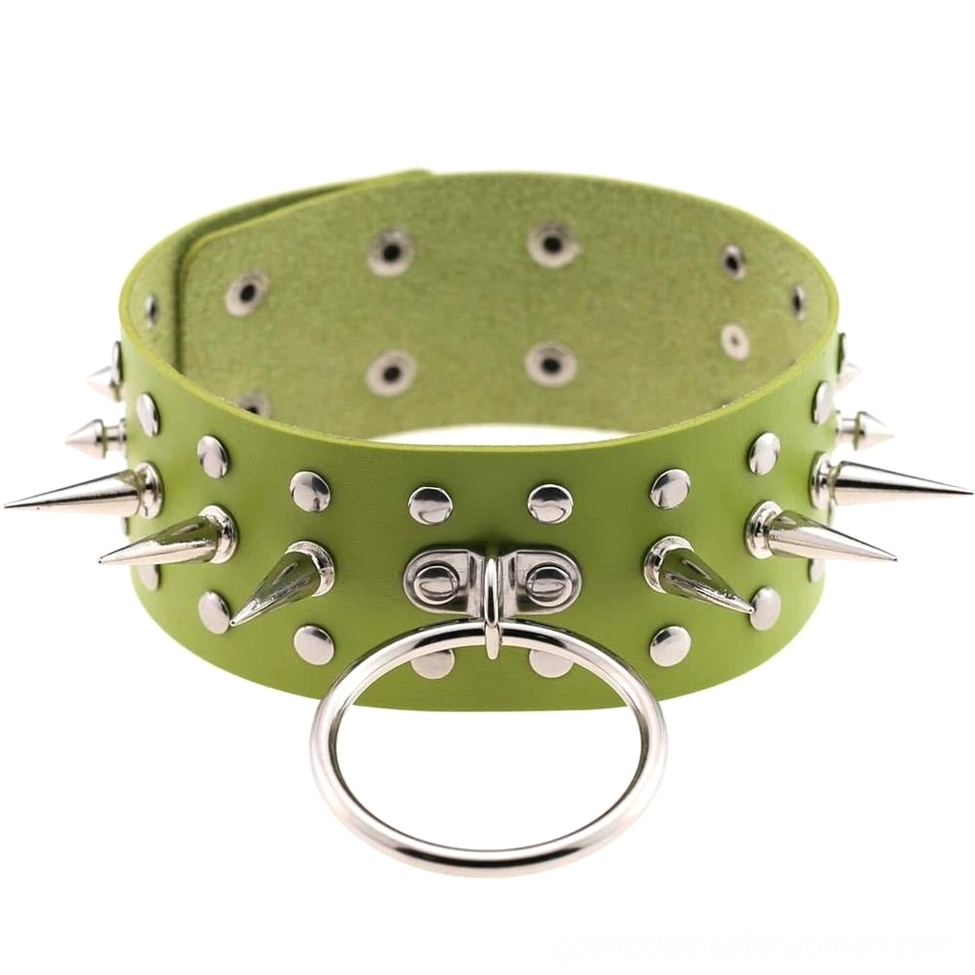 Lime green PU leather spiked choker with bright color and silver metal studs gothic jewelry flat lay
