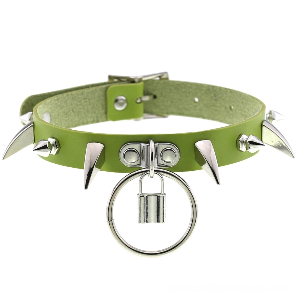 Lime green spiked gothic lock choker with silver metal accents and adjustable closure