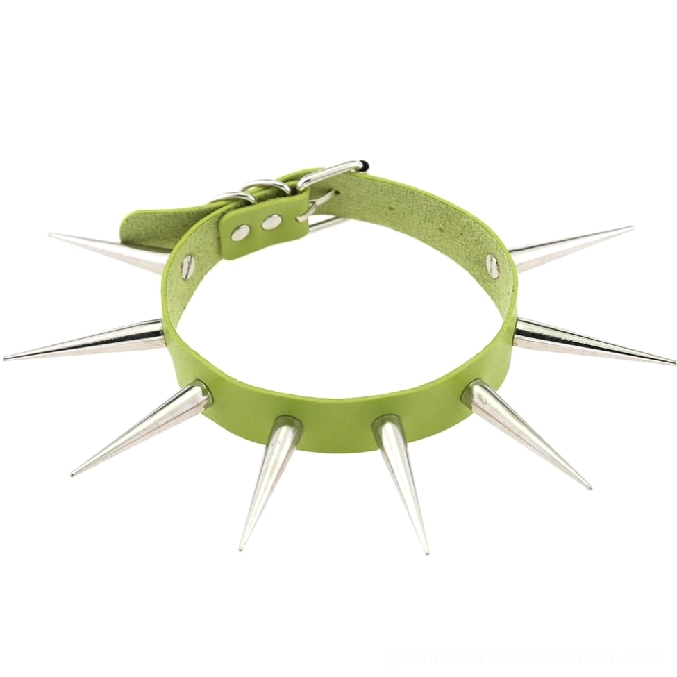 Lime green faux leather spiked choker necklace with metal spikes arranged flat on white background bold color