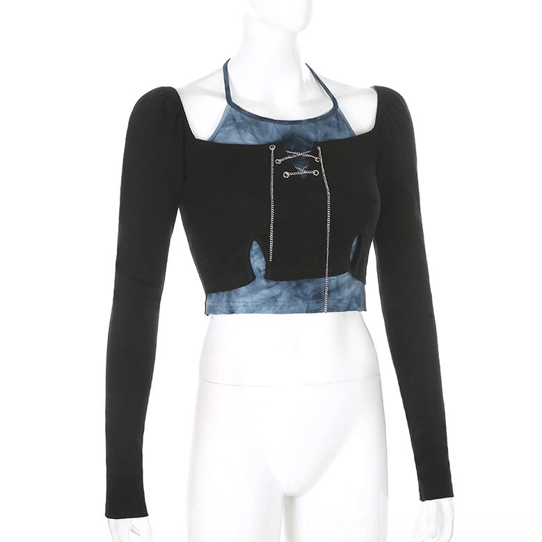 Fitted long sleeve gothic crop top with square neckline displayed on dress form, structural design details