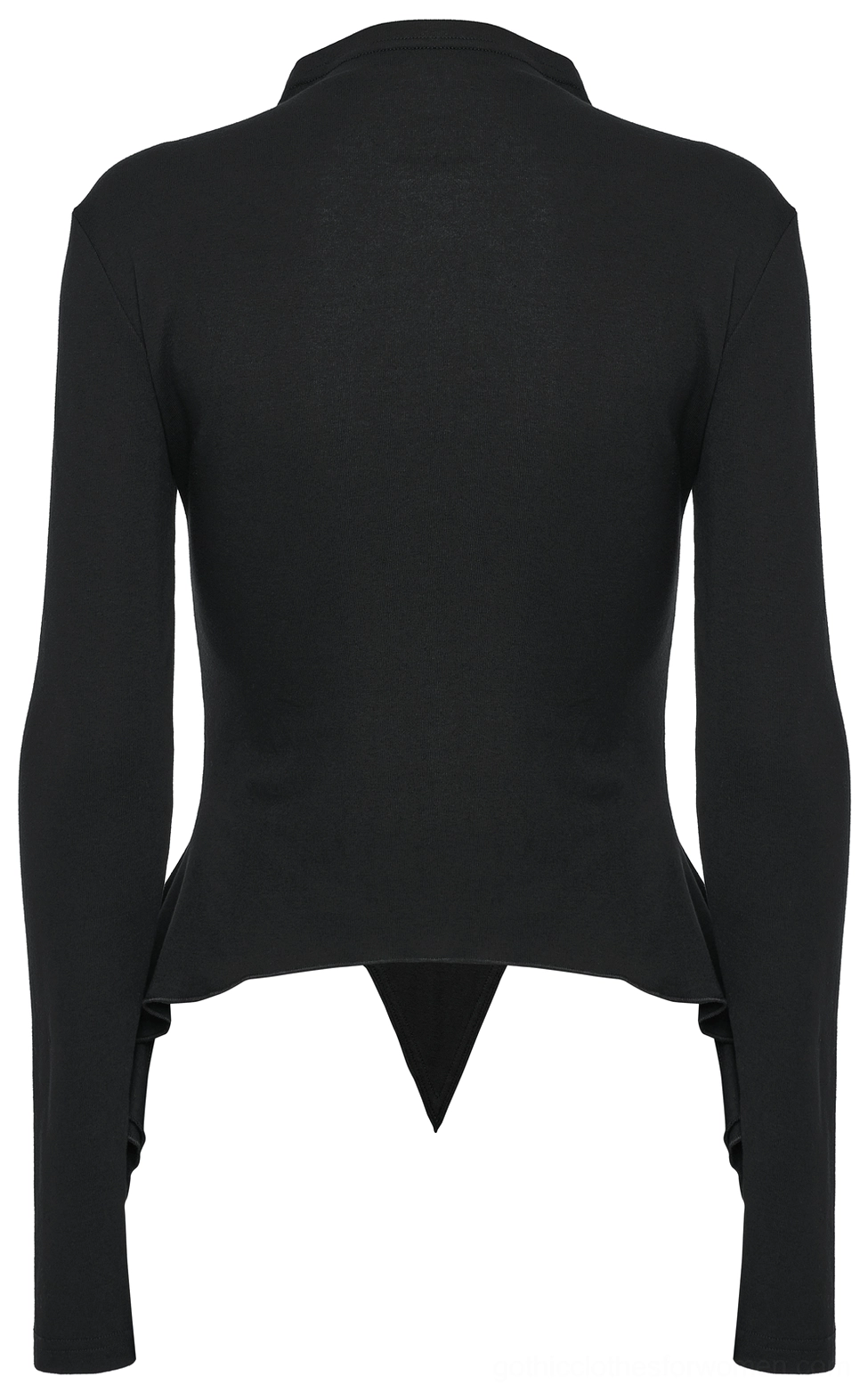 Women's gothic moon knit top back flat lay, showing asymmetric pointed hem and solid black elastic knit fabric base