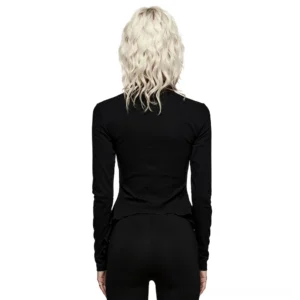 Women's gothic lunar knit top back view, showcasing asymmetric pointed hem and slim fitted silhouette with celestial moon print