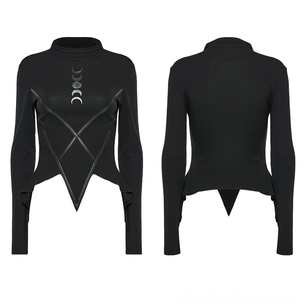 Women's moon print gothic knit top flat lay front and back, displaying full gradient lunar phase design, faux leather trim details, and mock neck