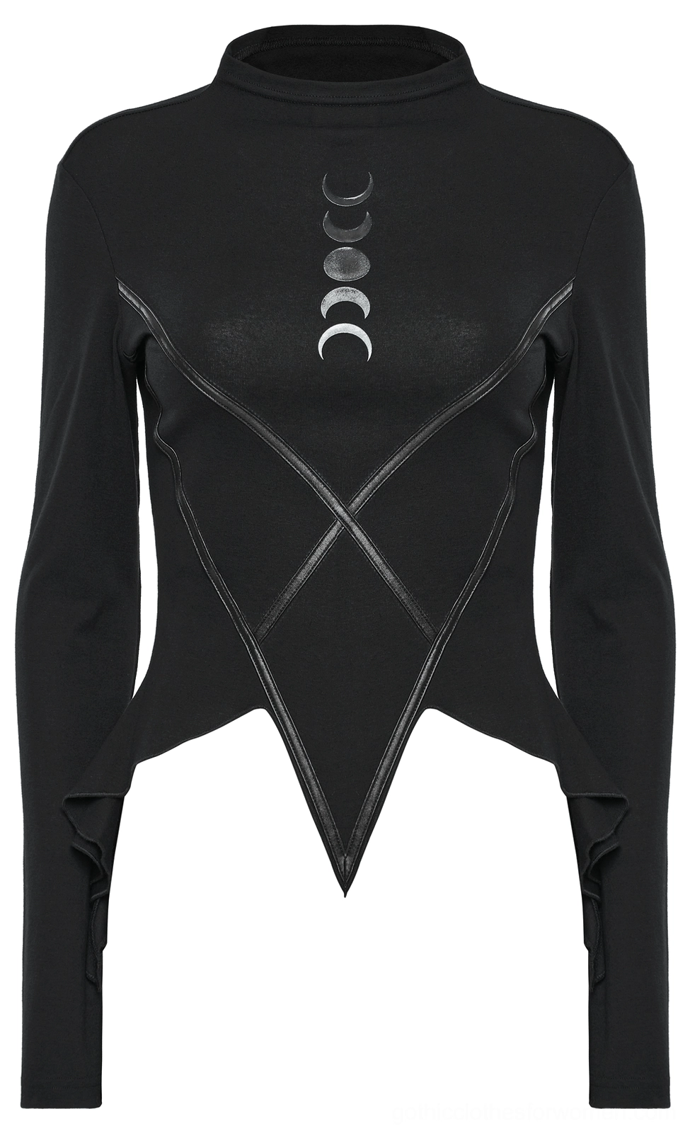 Women's lunar gothic long sleeve knit top front flat lay, highlighting faux leather cross stitching and celestial moon gradient print