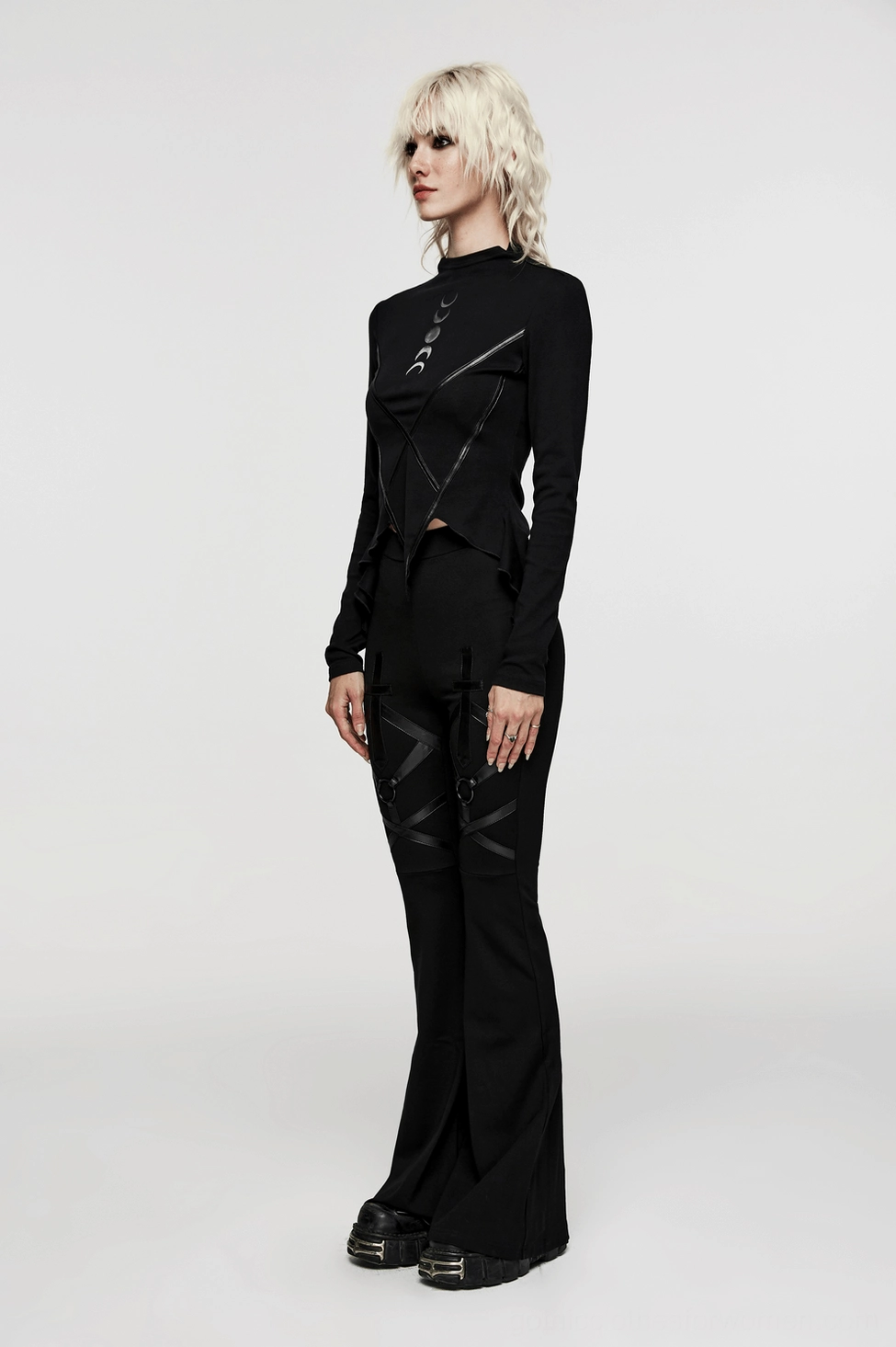 Women's lunar eclipse gothic knit top front facing view, emphasizing gradient moon phase print and mock neck design