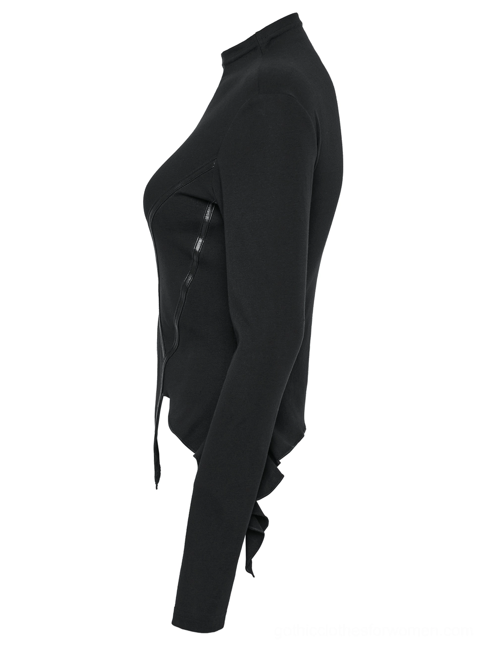Women's lunar eclipse gothic knit top side profile view, featuring asymmetric ruffle detail and fitted long sleeves