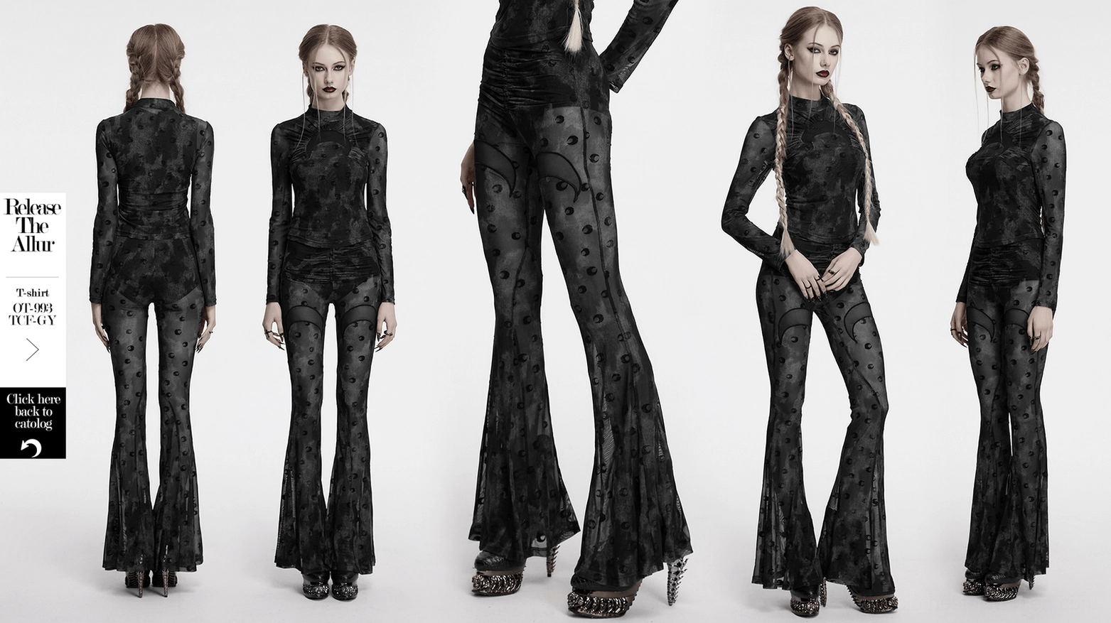Comprehensive product presentation of crescent moon mesh flare pants showing size range and available styling options