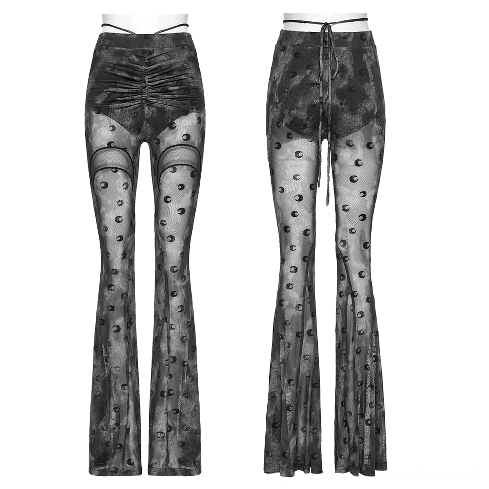 Flat lay of gray mesh flare pants displaying ruched high waist, drawstring tie, and crescent moon print detail