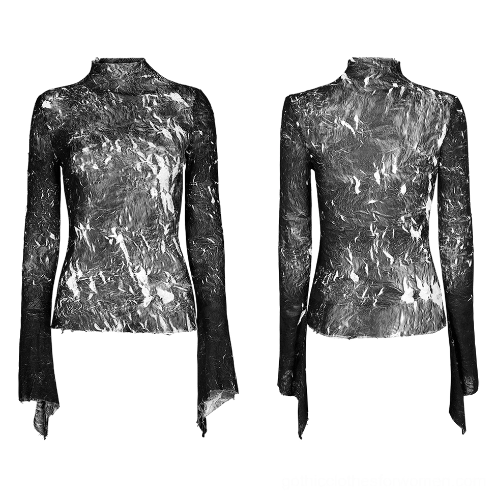 Dual flat lay front and rear display of black-white marble gothic long-sleeve top with split cuff design showing asymmetric hemline