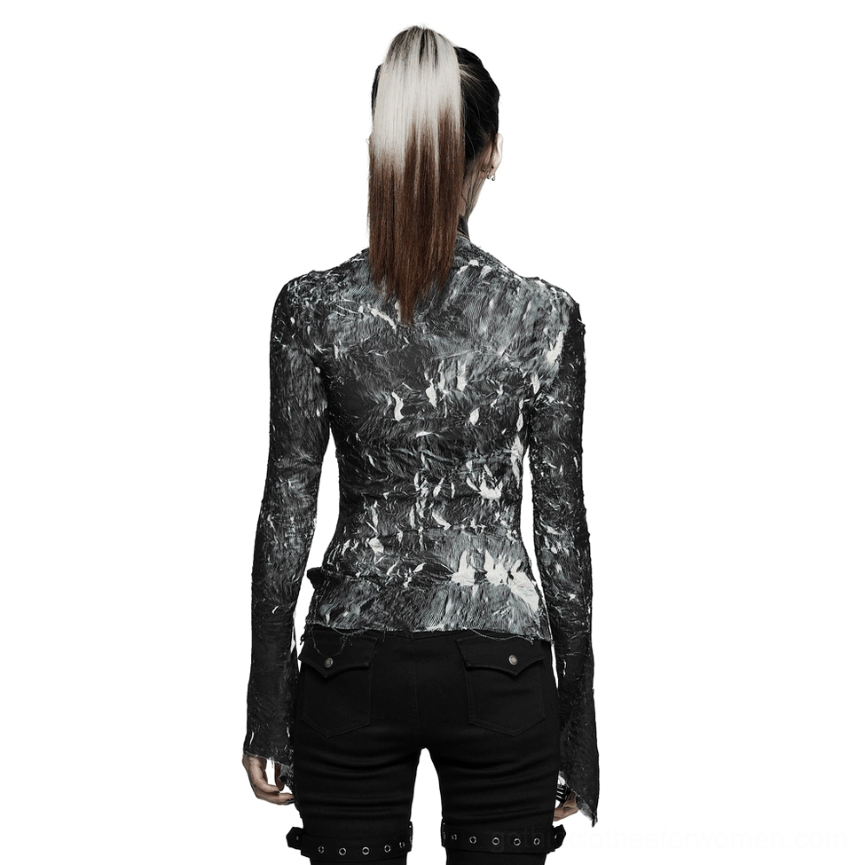Rear full-body view of marble gothic top displaying slim-fitted silhouette and high mock neck with wrinkled textured fabric on white background