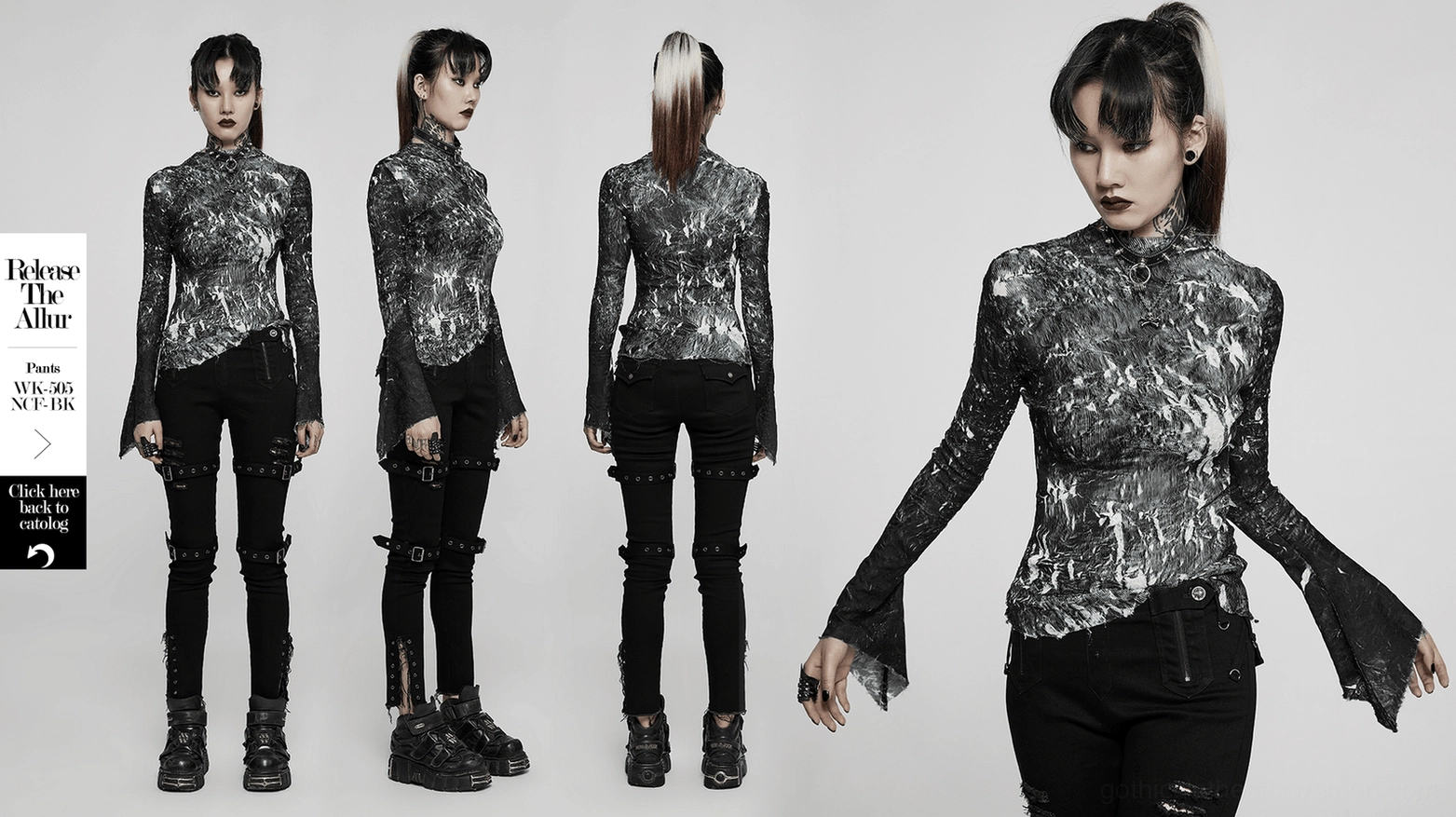 Complete marble gothic fitted top with all design elements mock neck asymmetric hemline split long sleeves and marble texture