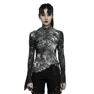 Front full-body view of abstract marble gothic fitted long-sleeve top worn by punk-style model with asymmetric hemline and flared split cuffs on white background