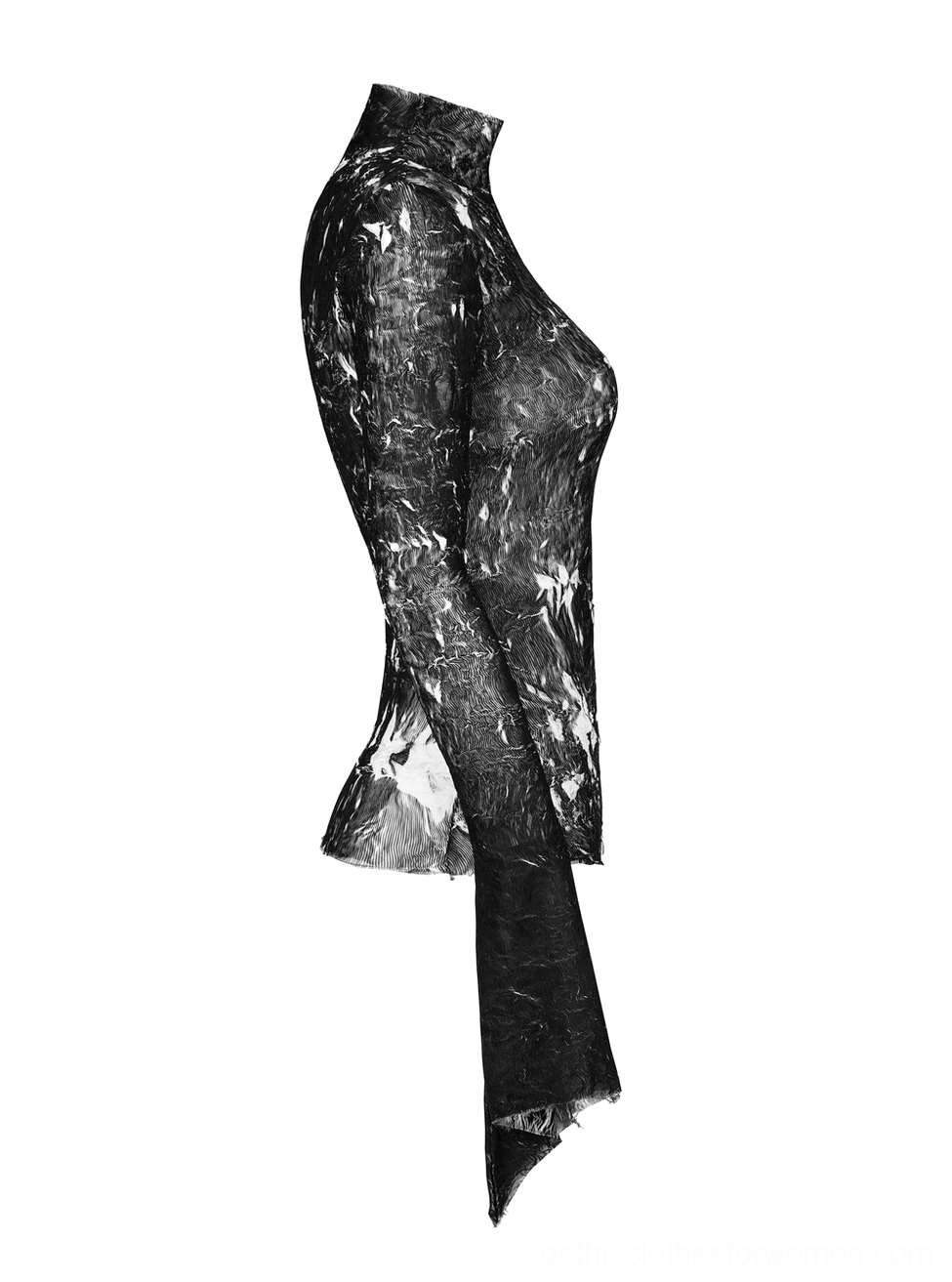 Side view flat display of marble gothic long-sleeve fitted top showing slim cut and split cuff design with textured marble fabric