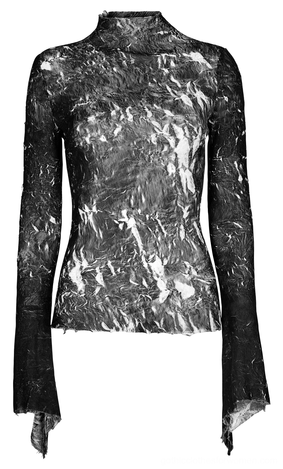 Front flat display of marble gothic fitted top featuring mock neck, asymmetric hem, and distinctive split flared cuffs