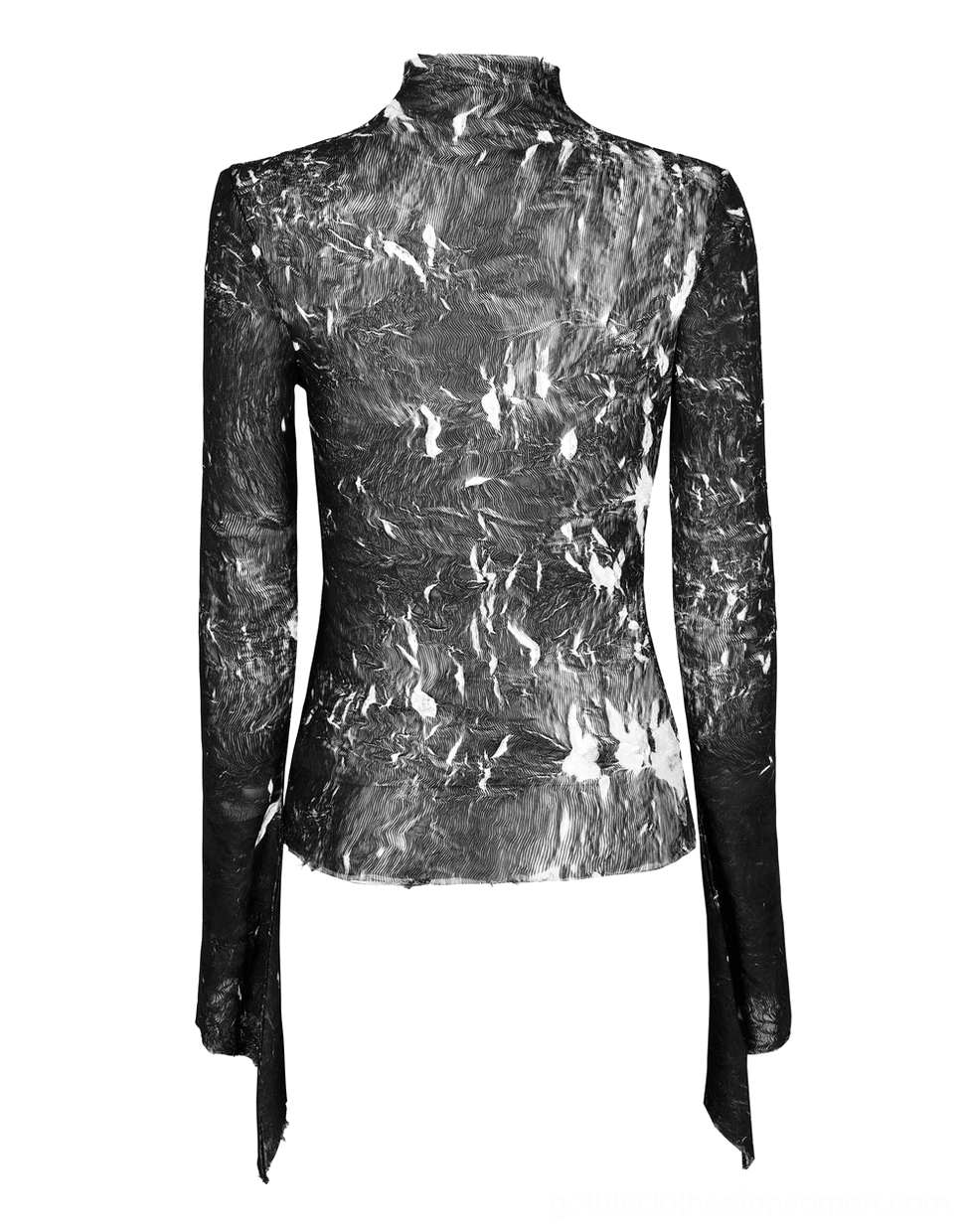 Rear flat display of black-white marble gothic fitted top highlighting high mock neck fitted back and abstract marble texture pattern