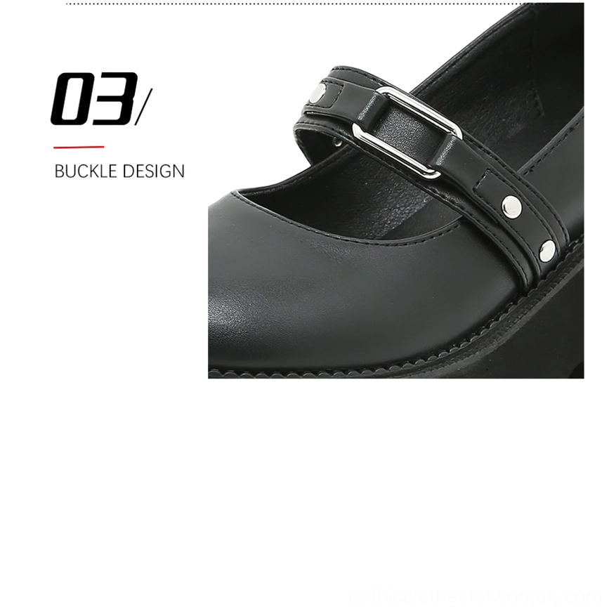 Adjustable buckle strap detail with decorative metal rivets on black PU leather Mary Jane shoe