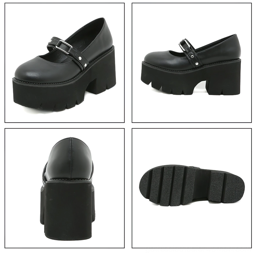 Multiple angles of black Mary Jane shoe including side view, rear view, back angle, and rubber outsole close-up
