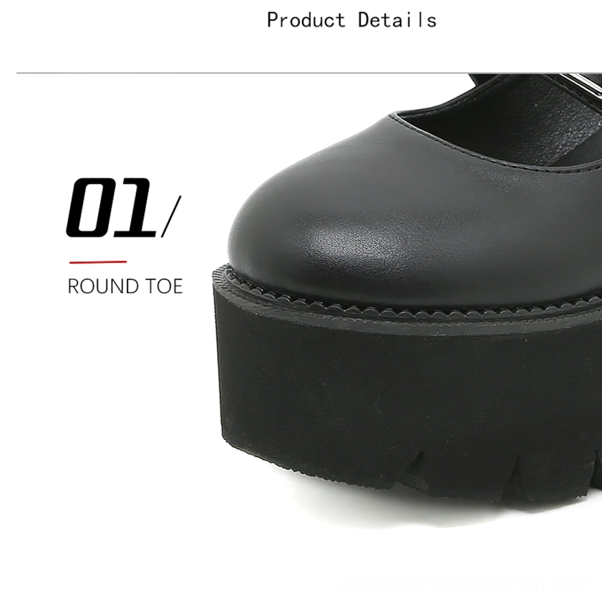 Close-up of Mary Jane shoe toe cap showing round toe design, stitched platform trim, and matte black PU leather finish