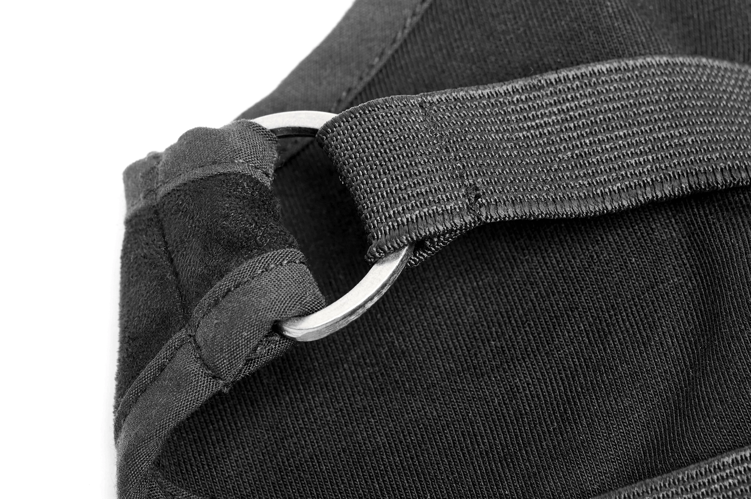 Close-up detail of mask strap attachment showing nylon webbing, metal D-ring hardware, and stitched trim edge