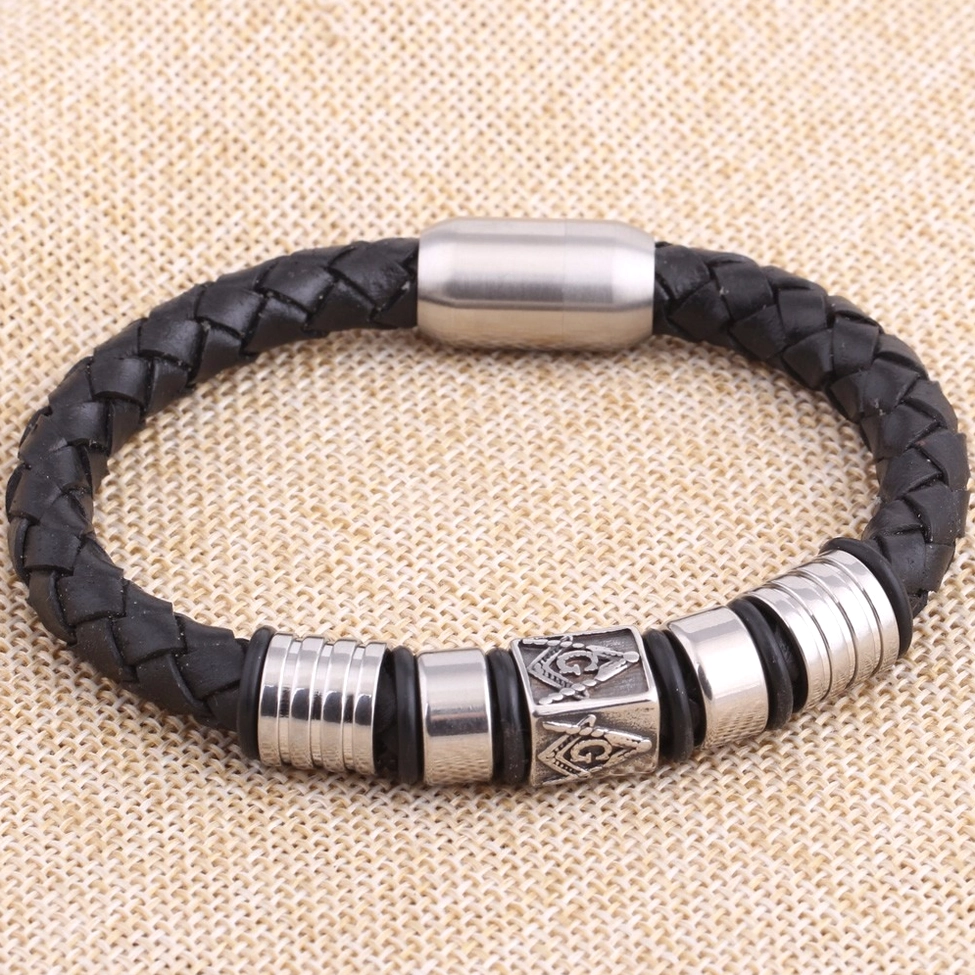 Magnetic clasp mechanism of black Masonic gothic bracelet with precision stainless steel construction