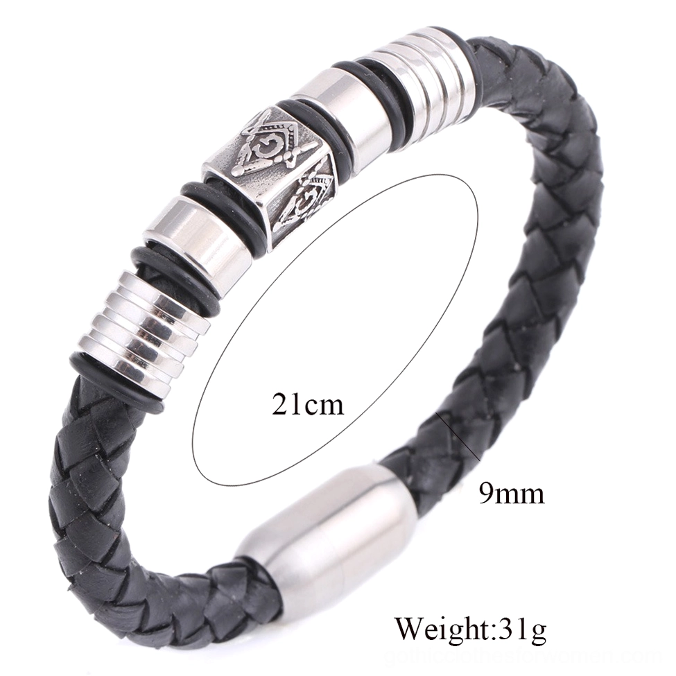 Black Masonic leather bracelet side view with size specifications 21cm length and 31g weight