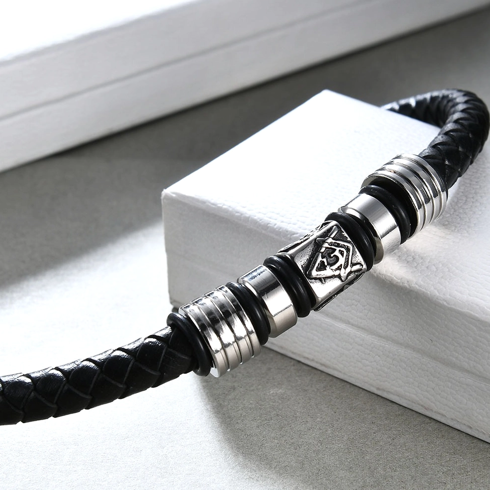 Woven black leather Masonic bracelet single embossed emblem detail with refined gothic aesthetic
