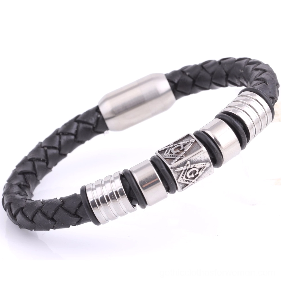 Braided leather Masonic bracelet side oblique angle showing woven leather texture and Masonic emblem details