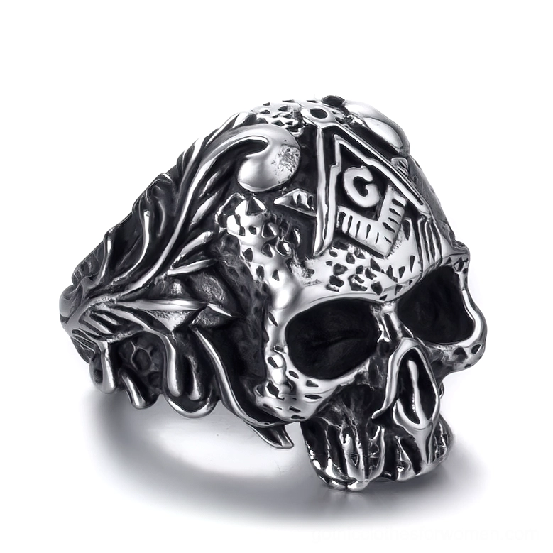 Masonic skull gothic ring front three-quarter view showing Square and Compass emblem with floral vine band details in stainless steel