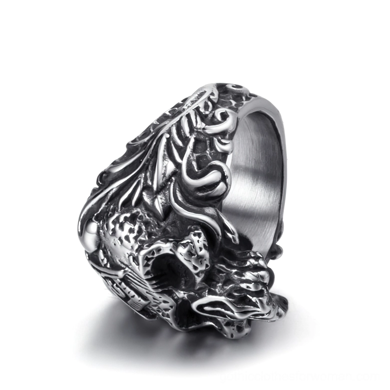 Rear perspective of Masonic skull ring displaying full wrap-around floral ornament details and aged silver finish