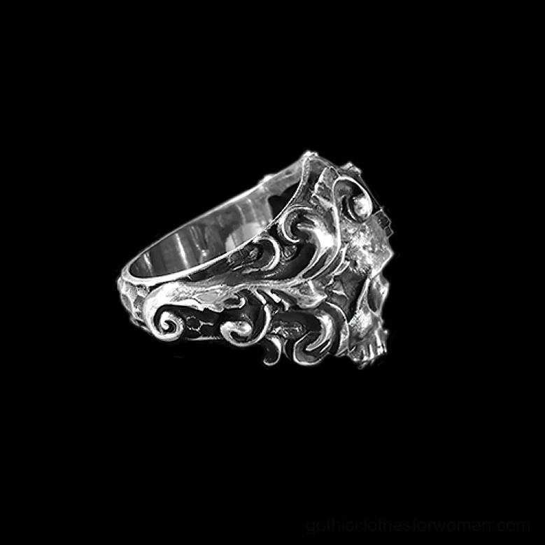 Gothic Masonic skull ring featuring Square and Compass emblem with surrounding floral ornamental detailing in stainless steel