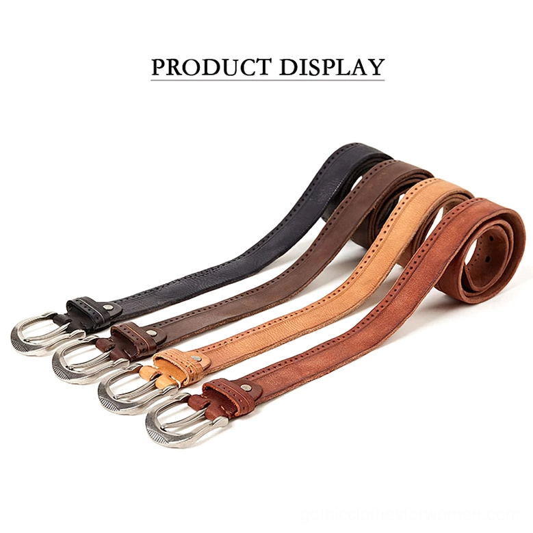 Assorted set of four matching genuine leather gothic belts with silver buckles, side flat lay arrangement