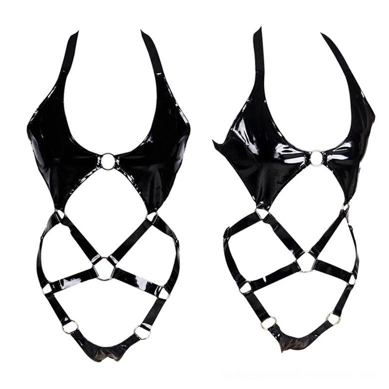 Two identical black patent leather bodysuit harnesses displayed side by side showing matching design and metal ring accents