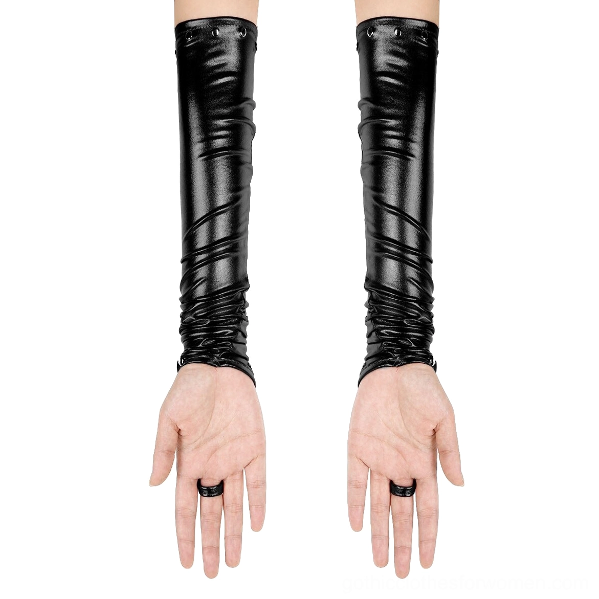 Matte black PU leather fingerless arm gloves with rivet details and matching finger ring